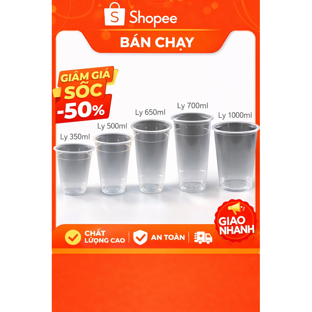 [ 50 cái ] Ly nhựa PP trơn - 360ml / 500 ml / 700ml / 800ml/ 900ml