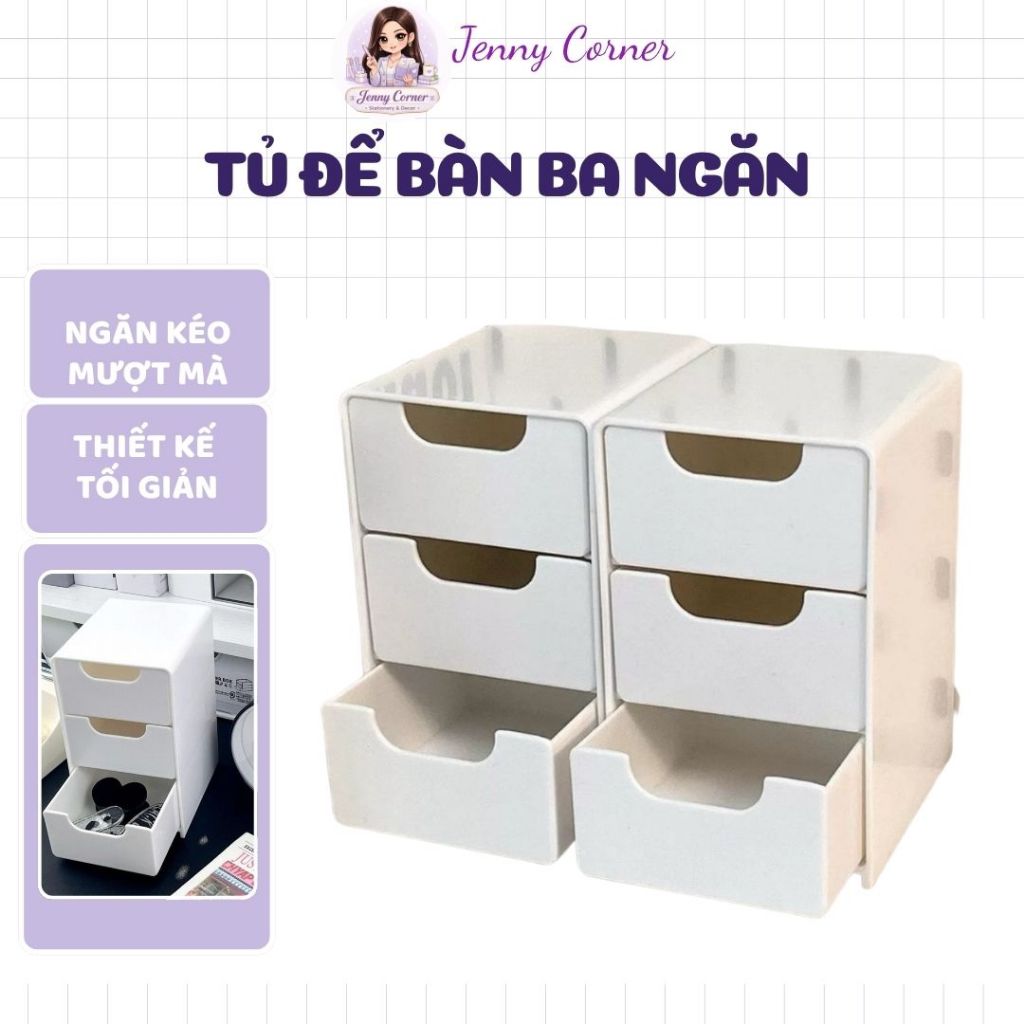 Tủ Nhựa Mini 3 Tầng Đựng Bút, Sổ, Sticker, Đồ Trang Điểm, Decor Bàn Học,Phong Cách Hiện Đại-Jenny Co