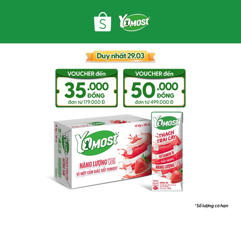 Thùng 48 Hộp Yomost Thạch Trái Cây Hương Dâu (48x180ml)
