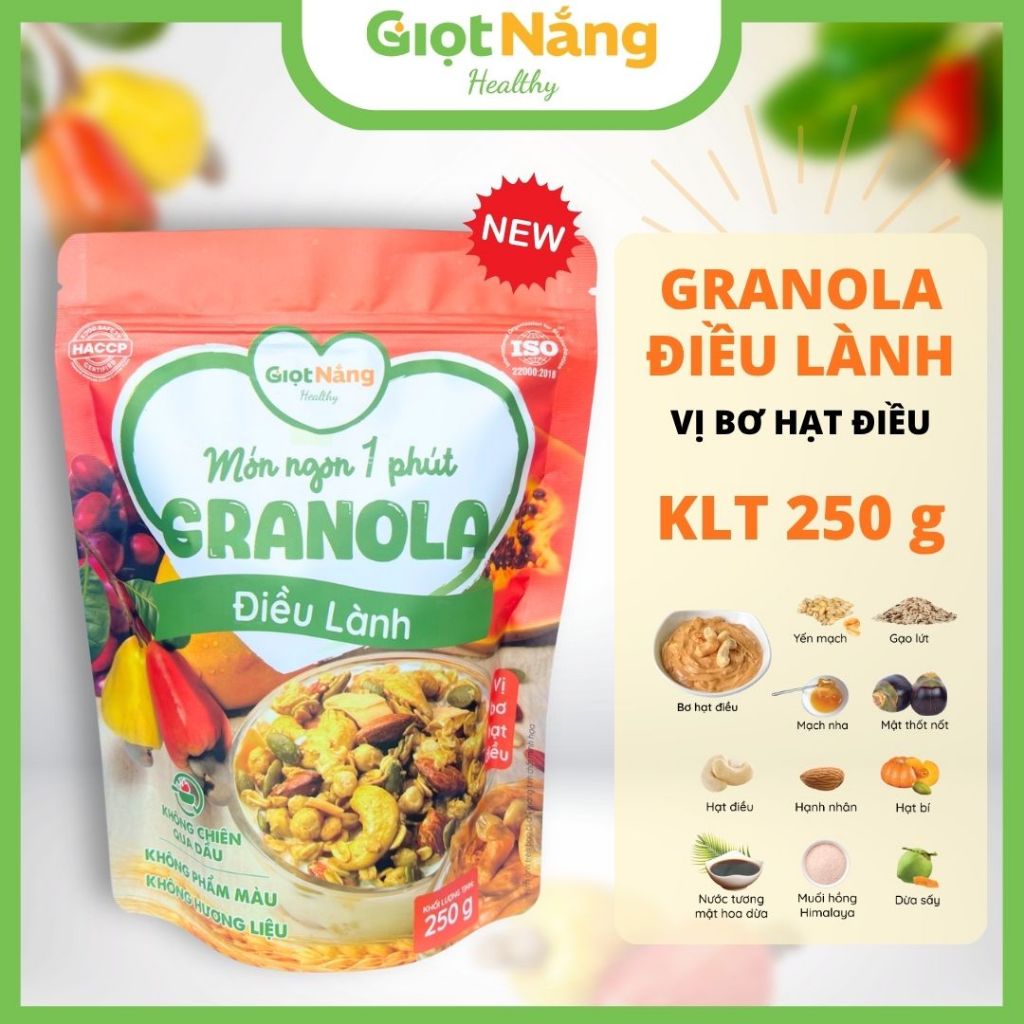 Granola Điều Lành Túi Cam 250g Giọt Nắng Mới Ngon Giòn Với Viên Yến Mạch Gạo Lứt Bơ Hạt Điều Từ Nông
