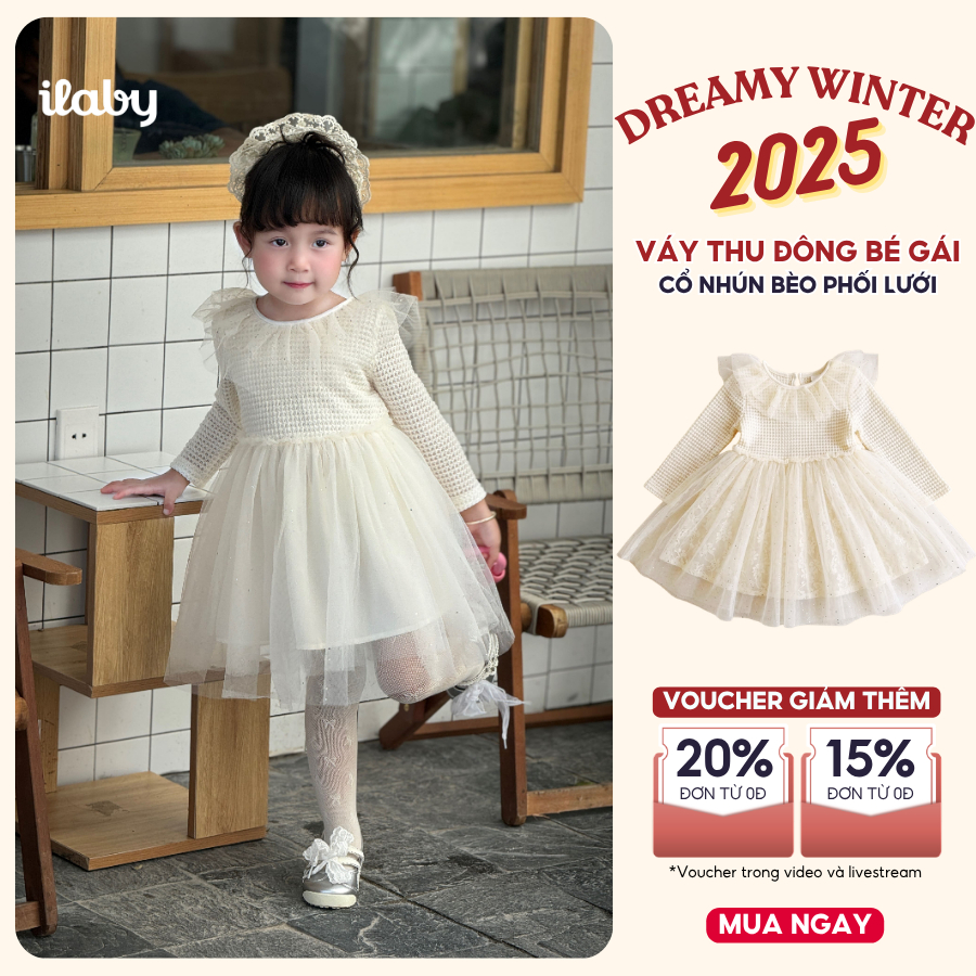 [ILABY 10-40kg] Váy bé gái ILABY thiết kế thun cổ nhún bèo phối lưới váy công chúa dễ thương [3702]