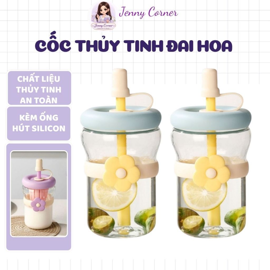 Cốc thủy tinh đai hoa kèm ống mút, có nắp, gam màu pastel xinh xắn, có lọc trà 500ML-Jenny Corner Sh