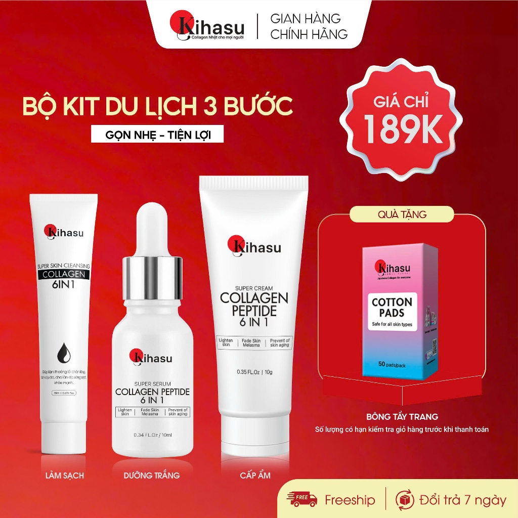Combo Kihasu Sữa rửa mặt Serum và Kem Dưỡng Collagen Size Nhỏ giúp Làm sạch Dưỡng Trắng Phục Hồi Trẻ