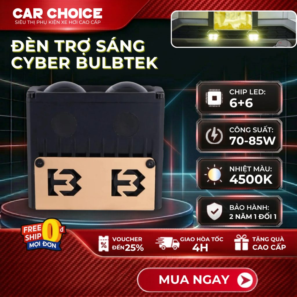 Đèn Trợ Sáng Bi Cầu Xe Máy Ô Tô Bulbtek Bi Led CYBER Mono/Duo/Tri Công Suất 95W Max Xuyên Sương Mưa