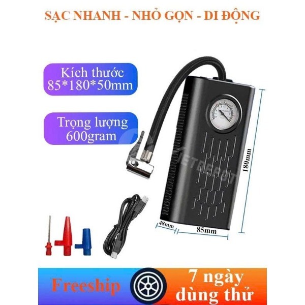 Bơm lốp mini di động dùng pin sạc cao cấp Viet Depot dùng cho Ô tô, Xe đạp, Xe máy, Xe điện, Bóng đá
