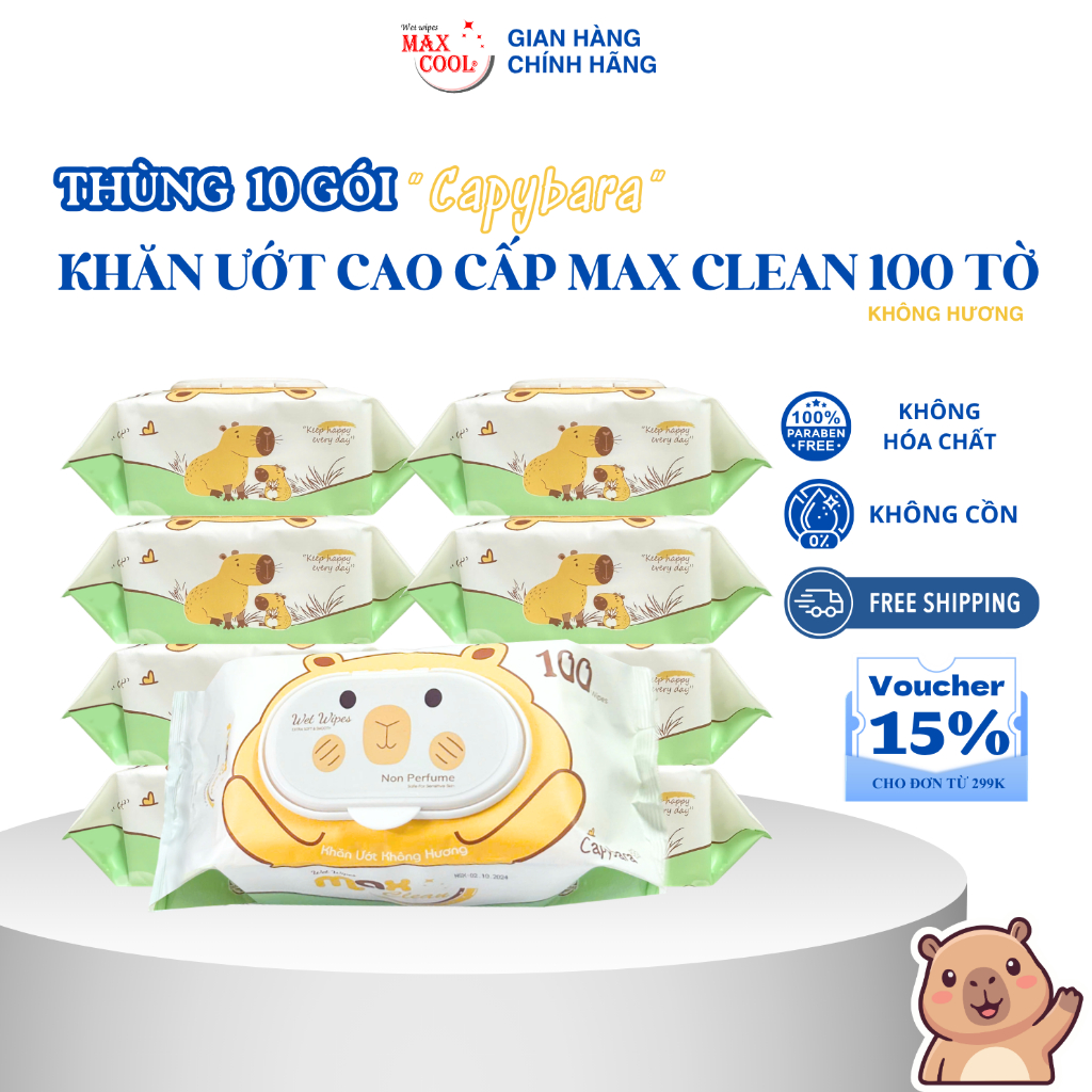 Thùng 10 gói khăn ướt  cao cấp 100 tờ Max Clean hình Capybaraa siêu đáng yêu - Không hương
