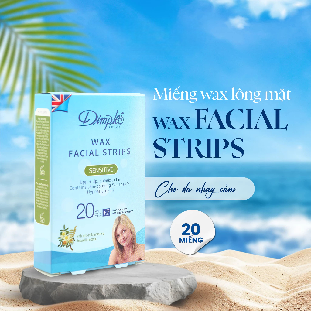 Miếng Dán Tẩy Lông Dimples Wax Strips Sensitive UK – Wax Lông Mặt Nách Bikini, Wax Lạnh 20 Miếng