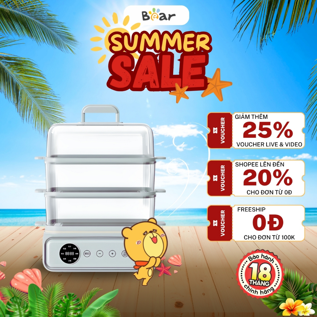Nồi hấp điện 2 tầng kèm lẩu 2 in 1 đa năng Bear DZG-P20W7, 1200W, Chống dính khay inox, BH 18 Tháng