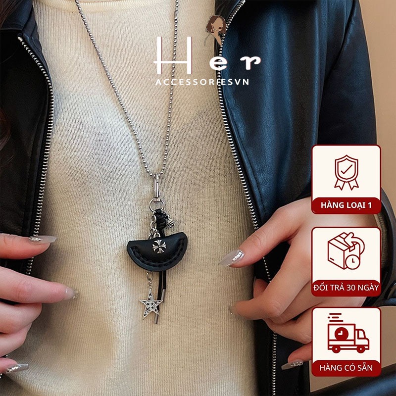 Vòng cổ da đa chức năng Her Accessorie, dây đeo cổ dáng dài phối thánh giá phụ kiện thời trang Her A