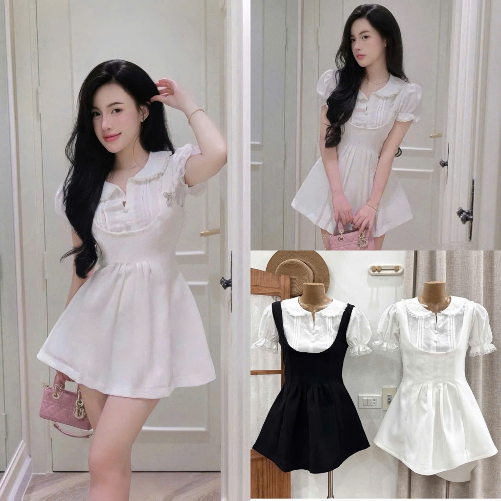 (Set Váy Nữ ): Set 2 Món Áo Cổ Sen Viền Ren Tay Bồng Mix Váy Yếm Rời Xếp Ly 2 Lớp 2 Màu-Ảnh Thật Lol