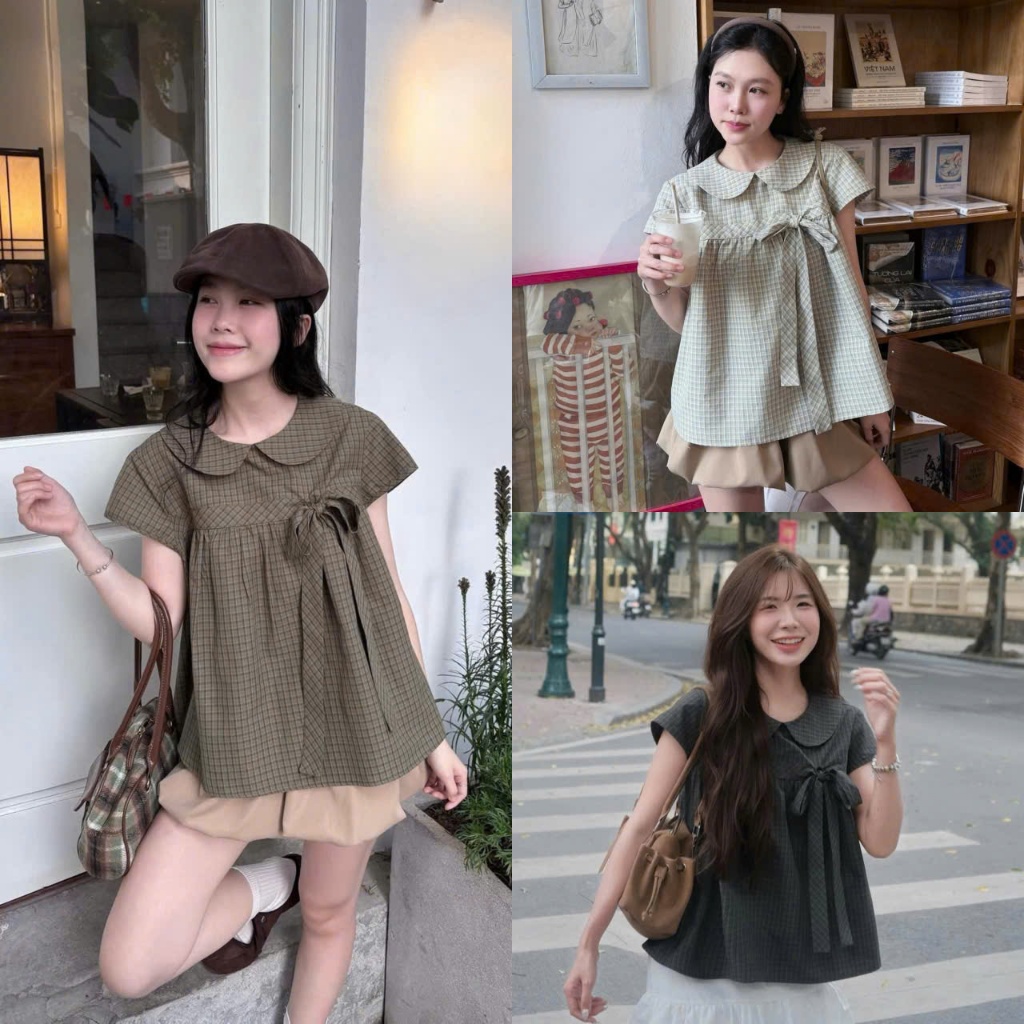 (Hàng Mới): Áo Babydoll Kẻ Caro Cổ Sen Nơ Cài Trước Ngực Dáng Ngắn From Siêu Đẹp 3 màu-Ảnh Thật Loll