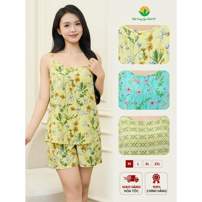 Bộ đùi nữ 2 dây mặc nhà chất Lanh tole Việt Thắng mềm mát quần đùi áo có dây rút điều chỉnh B01.6025