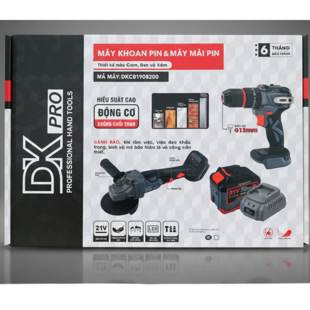 Combo 3 sản phẩm máy mài, máy khoan, pin20cell kèm sạc chính hãng DKPro, chân pin phổ thông 4cm
