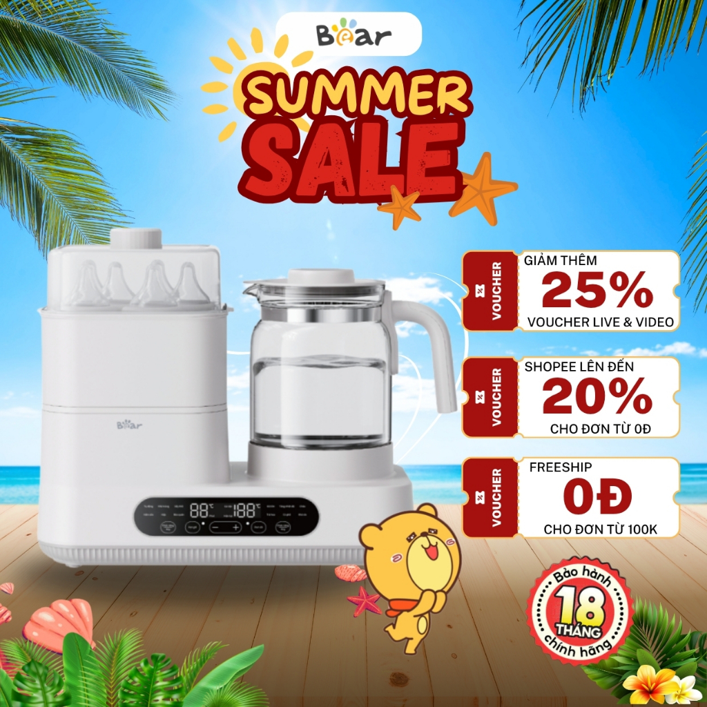 Máy Hâm Sữa Tiệt Trùng Bear 1.3L WW-5H12V78, 1300W, 12 Chế Độ, Đun Nước Pha Sữa Cho Bé, BH 18 Tháng