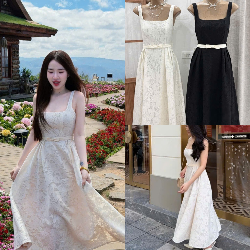 (Hàng Thiết Kế): Váy 2 Dây Bản To Thiết Kế Cổ Vuông Ren Hoa Nơ Eo Dáng Xoè Dài 2 Màu Tôn Dáng-Ảnh Th