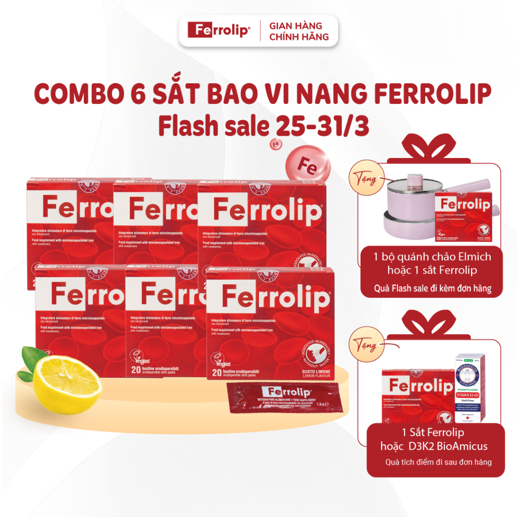 Combo 6 sắt Ferrolip - Tặng 1 sắt hoặc 1 D3K2 BioAmicus (Quà đổi tích điểm đi sau đơn)