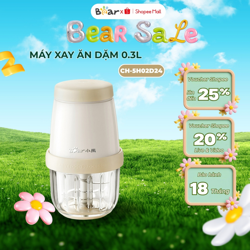 Máy xay ăn dặm cho bé 0.3L BEAR CH-5H02D24 (QSJ-T02U5),CS 200W, 8 Lưỡi, cối thủy tinh, BH 18 tháng