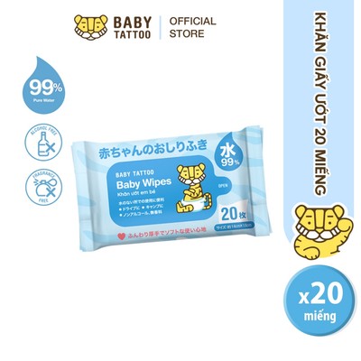 BABY TATTOO Khăn Giấy Ướt Cao Cấp Không Mùi, Nhỏ Gọn Tiện Lợi, Lành Tính Cho Da Nhạy Cảm, Gói 20 Miếng