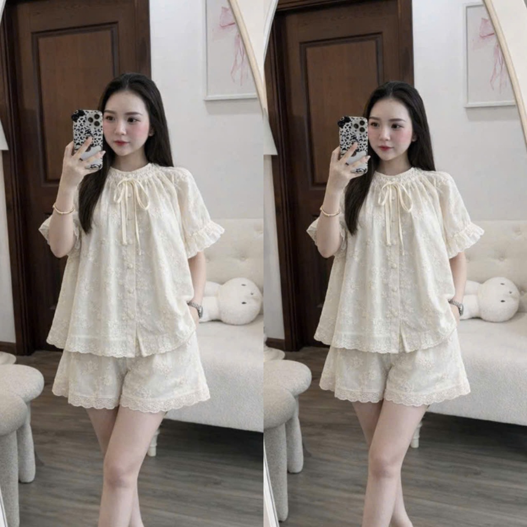 (Set 2 Món): Set Bộ Thô Boi Thêu Hoa Nổi Thiết Kế Cổ Nhún Dây Nơ Cúc Bọc Mix Quần Đùi Ren Gấu-Ảnh Th