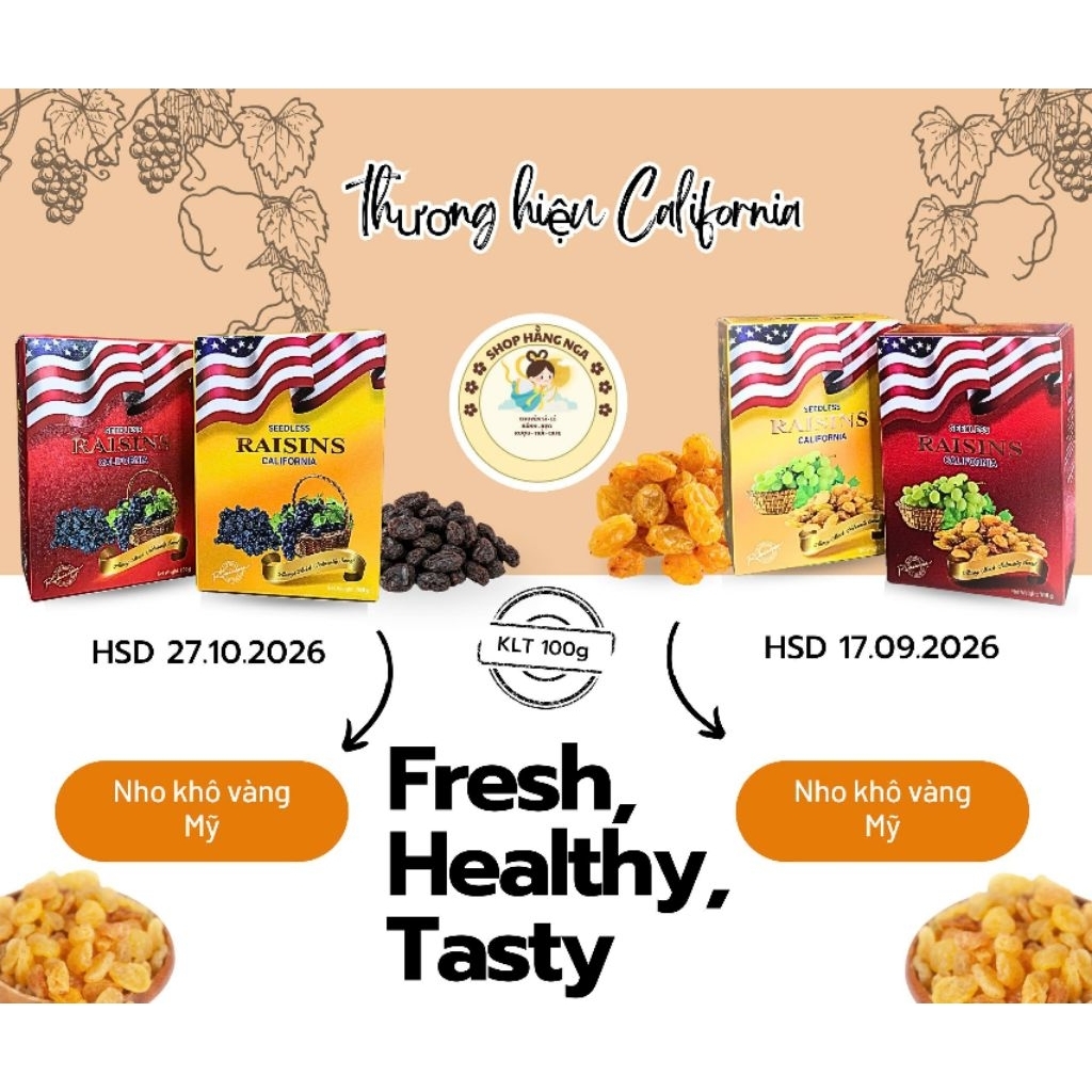 Nho Khô Vàng | Nho Khô Đen | Nho Khô Mỹ không hạt | Raisins Seedless | Gói 100g