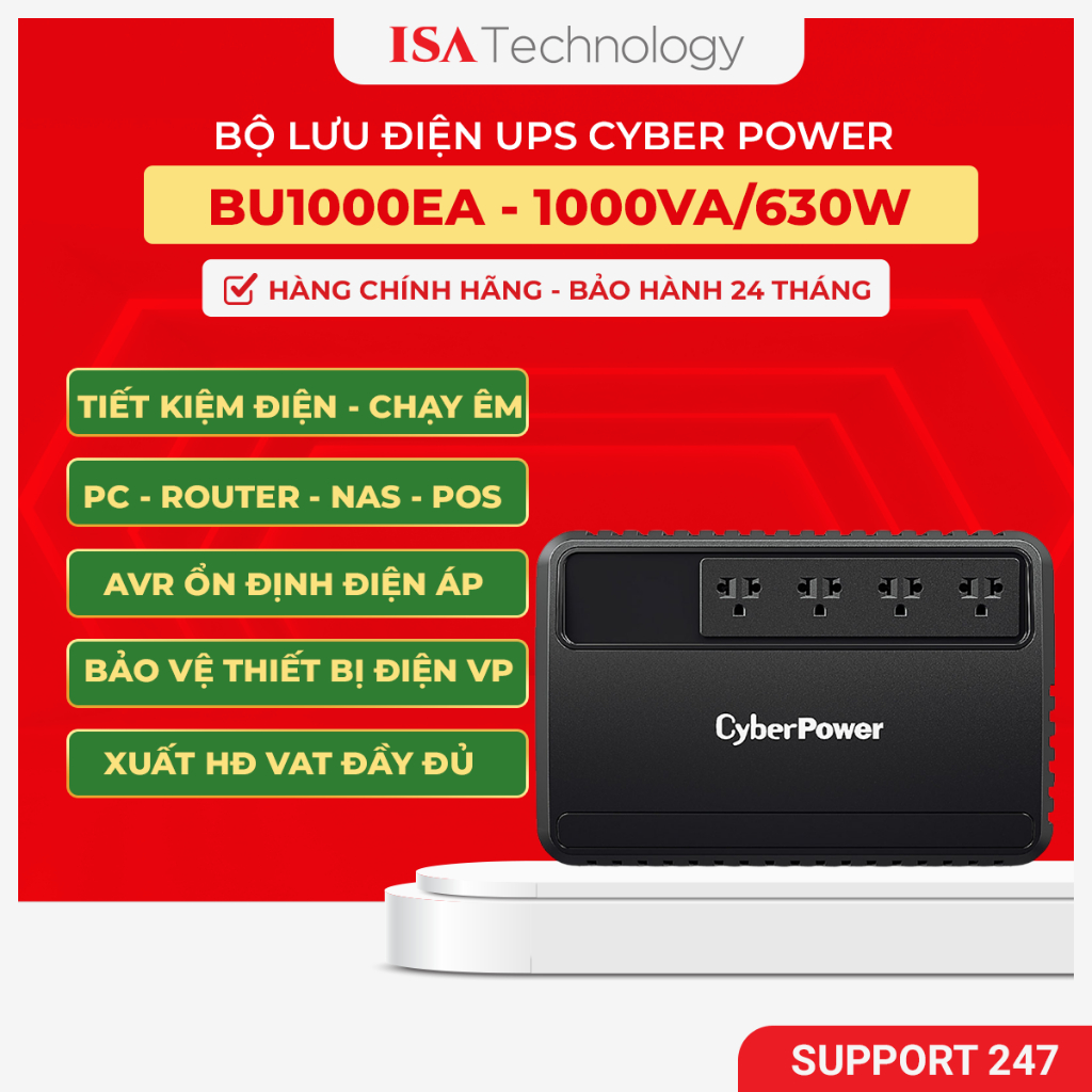 Bộ lưu điện UPS CyberPower BU1000EA -1000VA/620W bảo vệ thiết bị điện PC, Nas, router, máy tính tiền