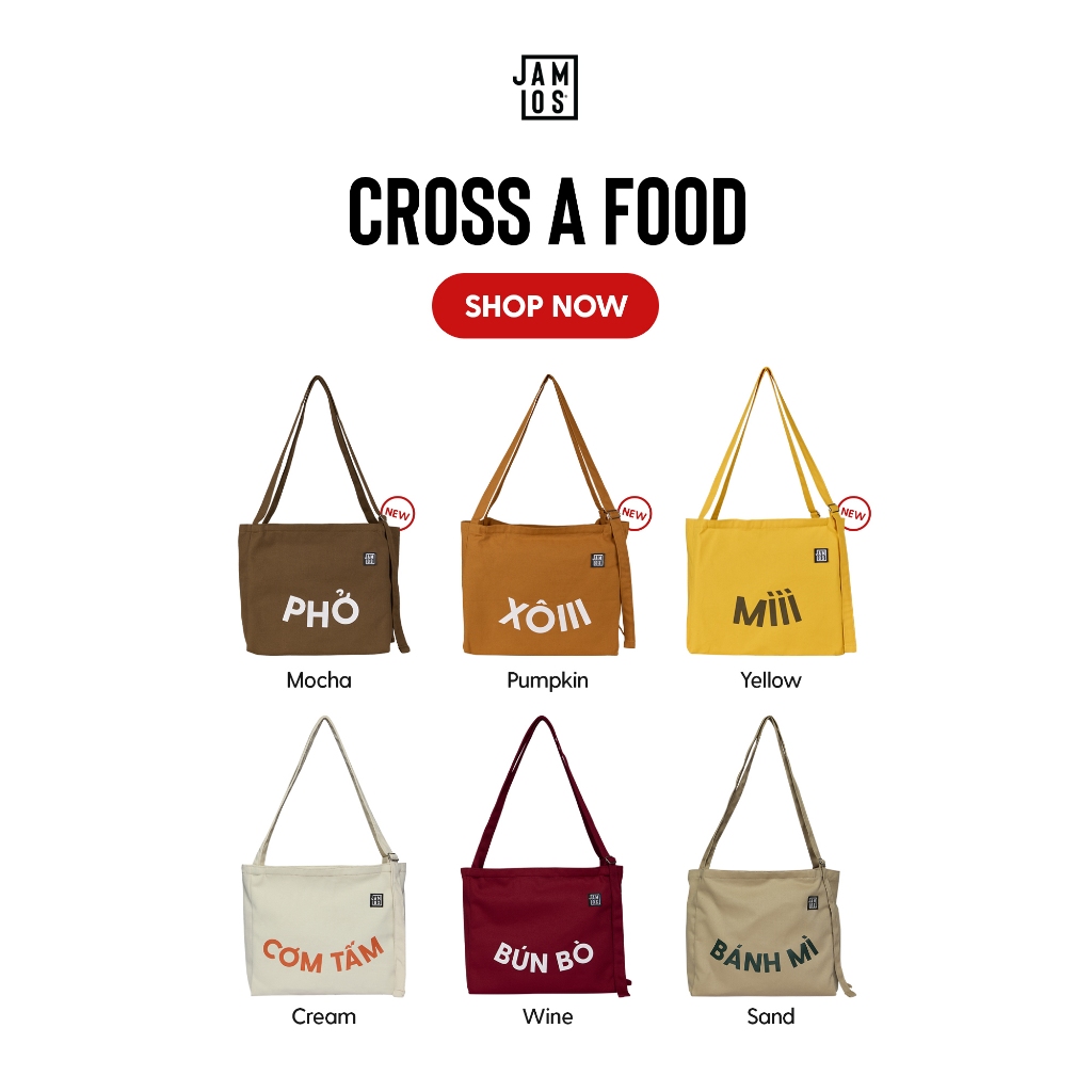 Jamlos Cross A Food - Túi canvas đeo chéo Jamlos in tên món ăn Việt Nam vừa 15.6inch