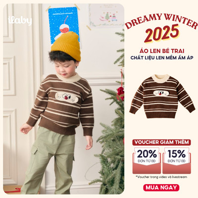 [ILABY 10-33kg] Áo len cho bé trai, áo len chui đầu cổ tròn dệt kim kẻ sọc nâu [3985]