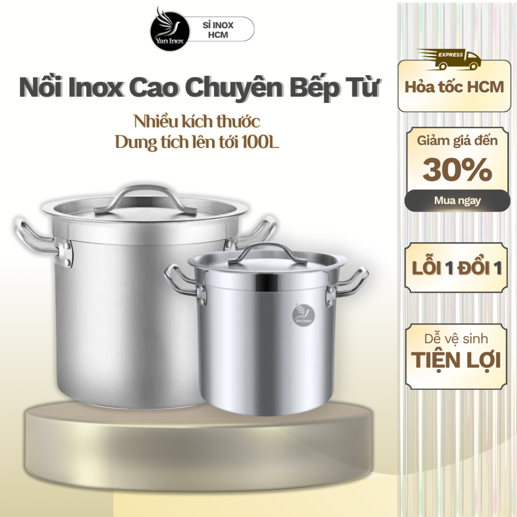 Nồi cao inox Cao Cấp 2 Đáy Luộc gà, nấu bún phở, dùng cho bếp gas & bếp từ (30–50cm)