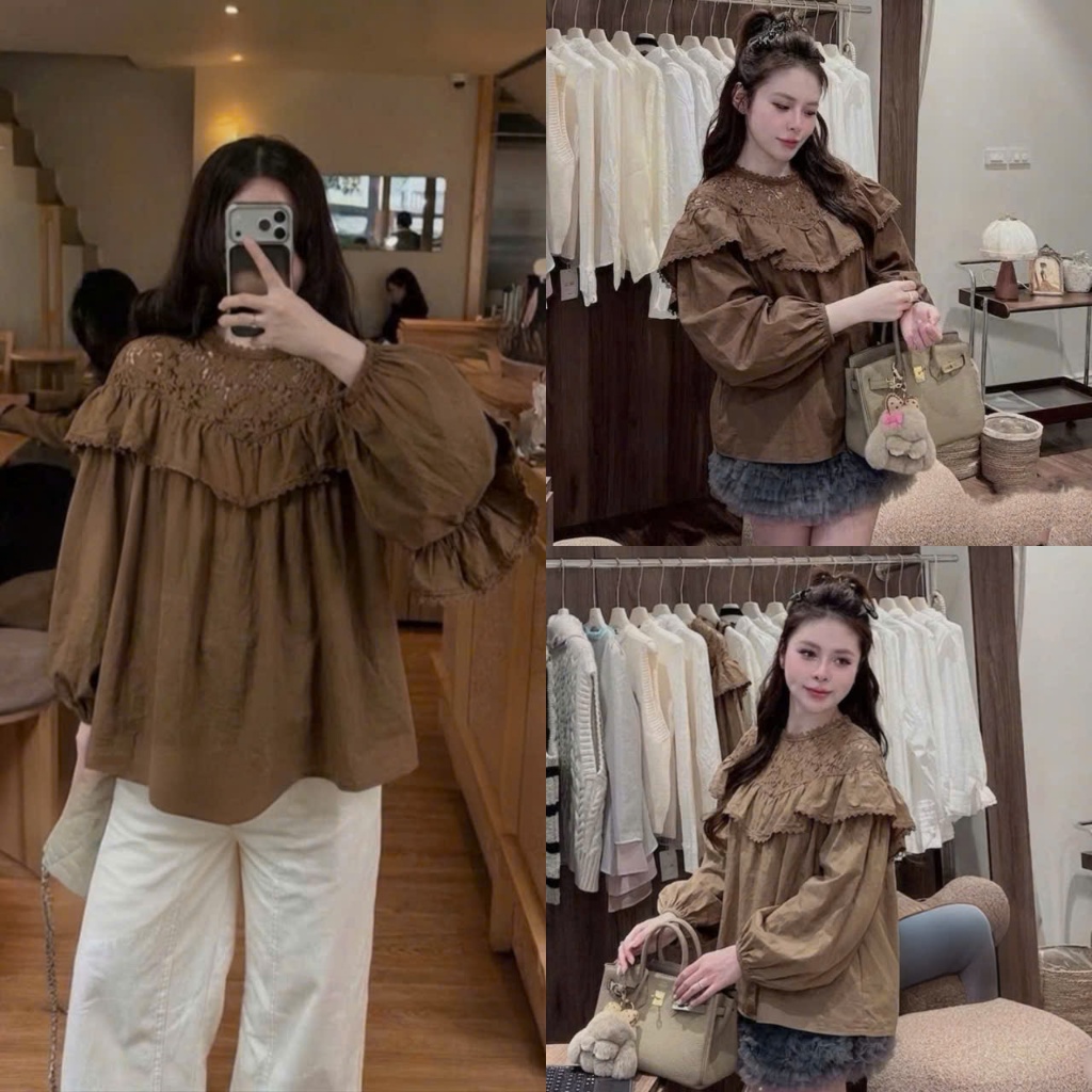 (Áo Kiểu Nữ): Áo Xinh Dáng BBD Bèo Vai Thêu Hoa Nổi Dài Tay Tone Nâu Siêu Tôn Da-Ảnh Thật Lollaye
