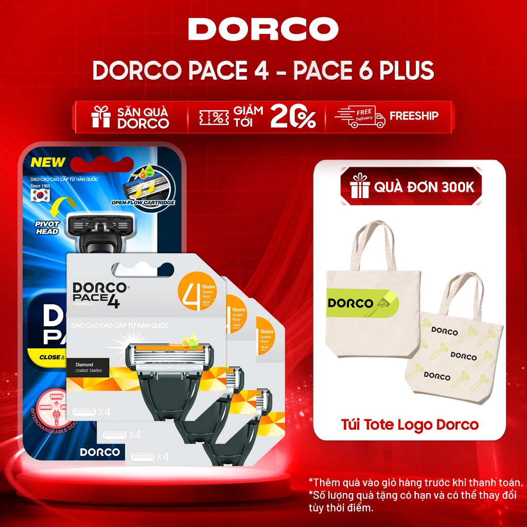 Combo 3 Hộp Đầu Cạo Râu 4 Lưỡi DORCO PACE 4 Tặng Dao Cạo Râu DORCO PACE 3 - 3xFRA1040-B & TRA4001-B 