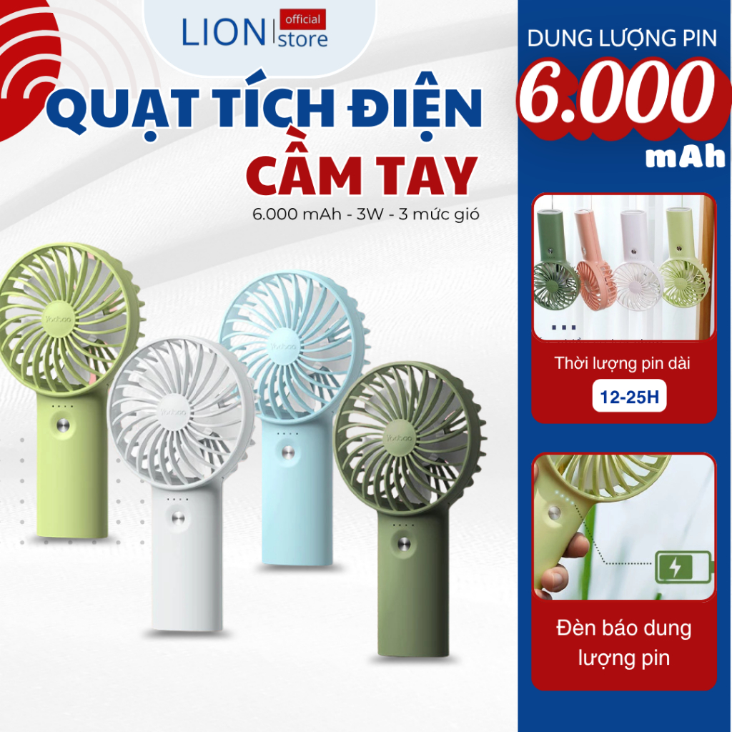 [𝐠𝐢𝐚𝐝𝐮𝐧𝐠𝐋𝐈𝐎𝐍] Quạt Tích Điện Cầm Tay YOOBAO Gió Siêu Mạnh Pin 6.000 mAh, 3 Mức Độ Gió, Dùng Liên Tục
