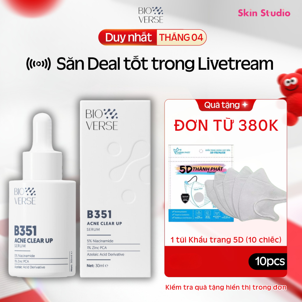 Tinh Chất Niacinamide 5% + Zinc 1% Hỗ Trợ Mụn Bioverse B351 Acne Clear Up Serum 30ml - Skin Studio