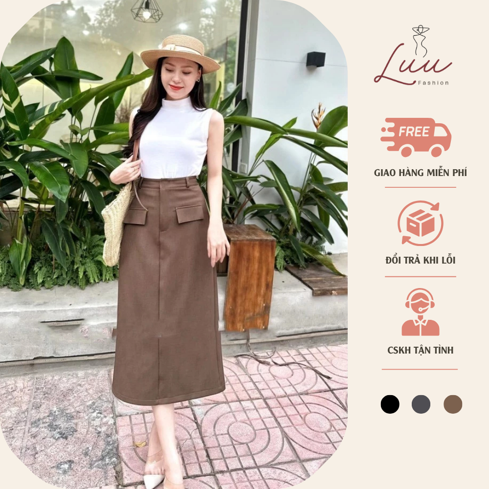 Chân váy dài 80cm chất Vintex nắp túi kèm khoá kéo trước - Luu fashion