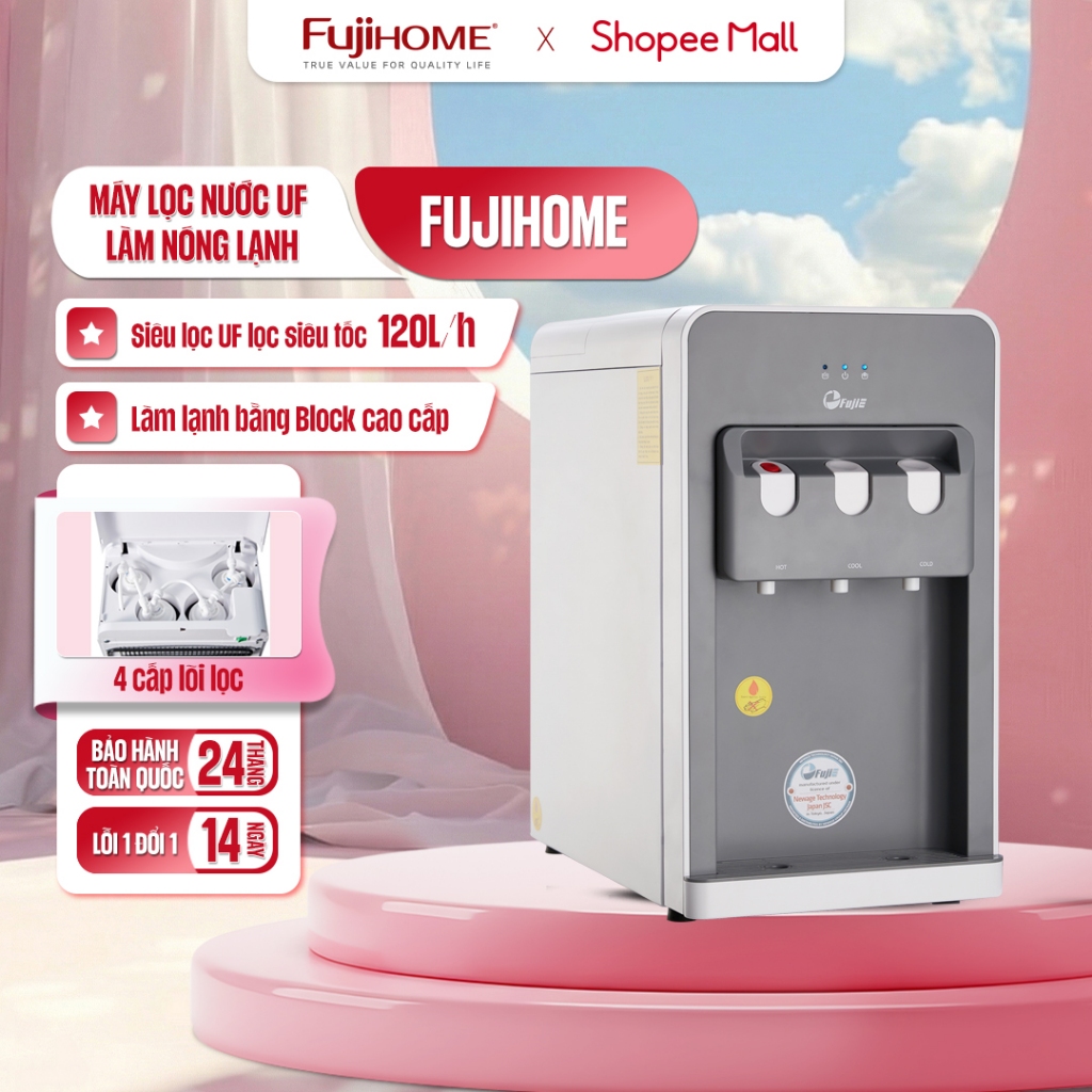 Máy lọc nước nóng lạnh 4 cấp lọc gia đình FujiE WPD508C nhập khẩu để bàn 3 vòi tự ngắt tiết kiệm điệ