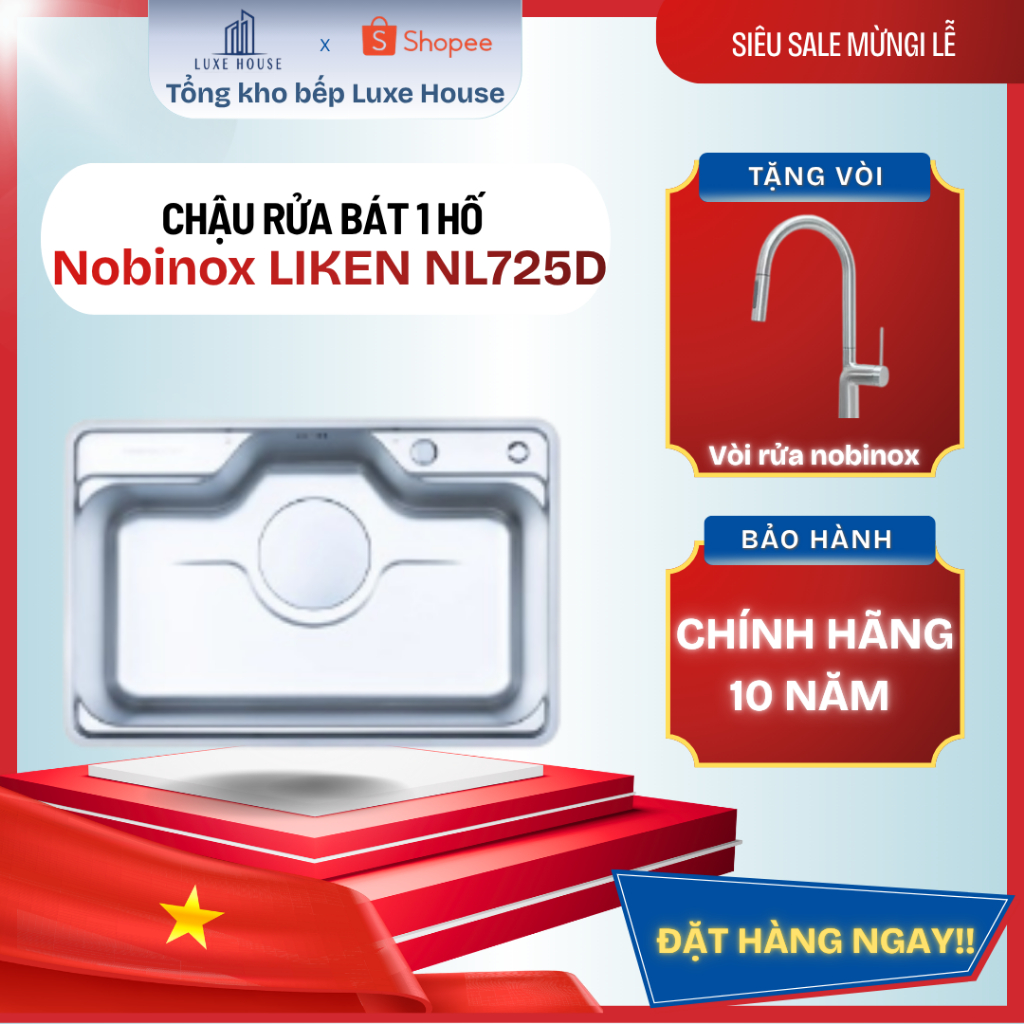 Chậu rửa bát inox 304 1 hố Nobinox LIKEN NL725D – Bền đẹp, chống xước, phụ kiện - Bảo Hành 10 Năm