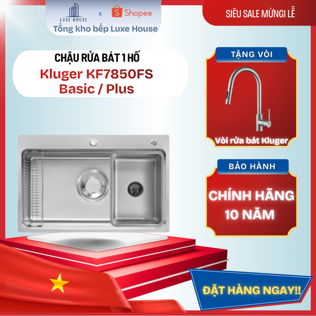 Chậu rửa bát 1 hố Kluger KF7850FS Basic / Plus inox 304 chống bám dầu thoát nước nhanh - Bảo hành ch