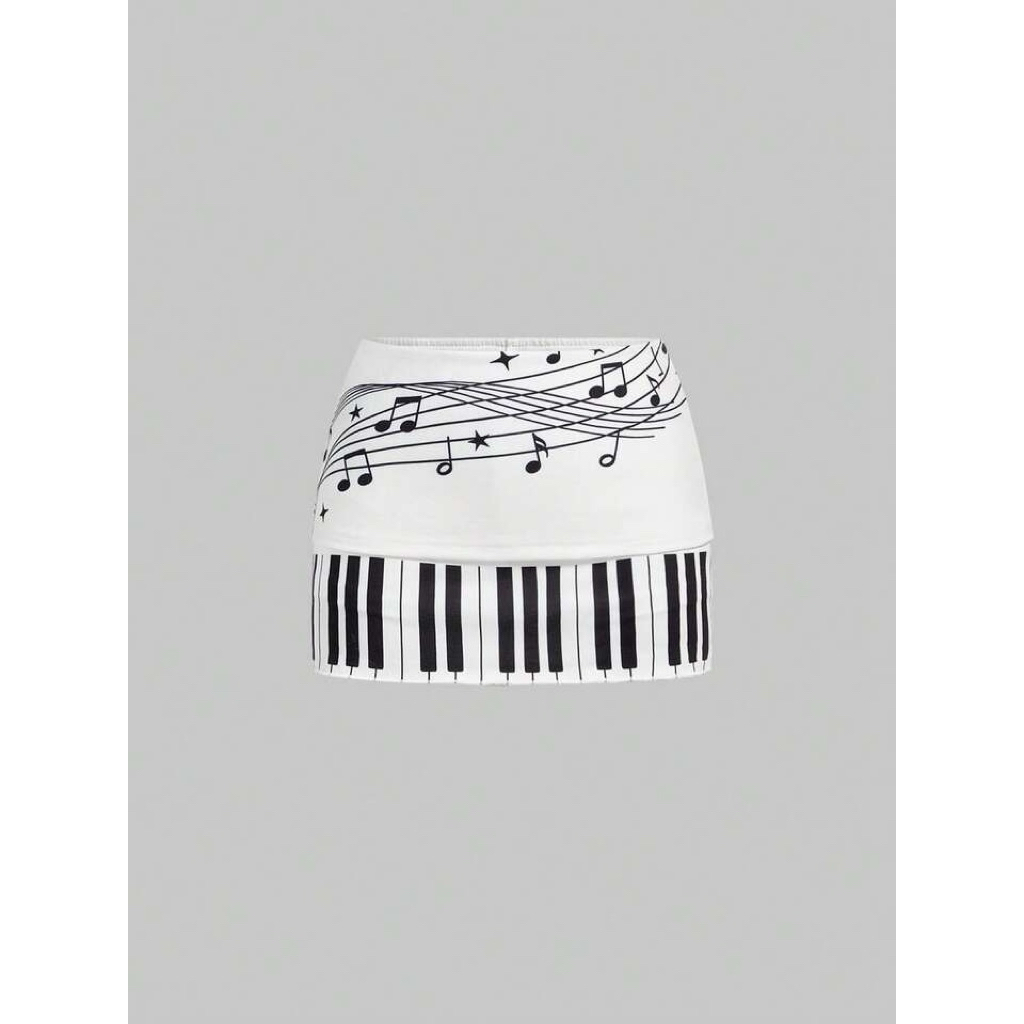 Keyboard & Music Note Print Mini Skirt / Chân Váy Mini Skirt Hình Nốt Nhạc Bàn Phím Piano / Burn the