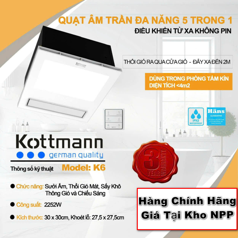 Quạt Sưởi Nhà Tắm Âm Trần 5 Chức Năng K6 Kottmann, Làm Ấm Chỉ 60S, Không Đốt Oxy, Tiện Lợi, An Toàn 