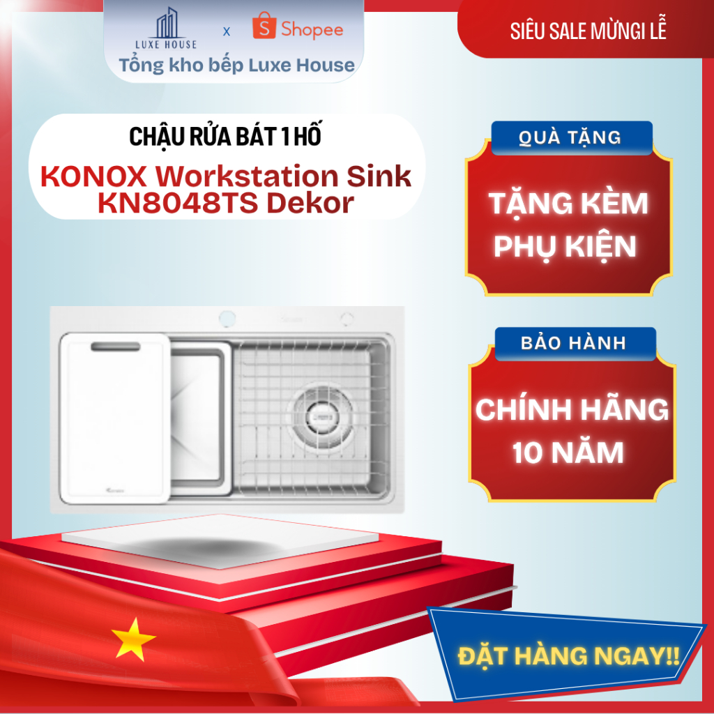 Chậu rửa bát 1 hố Workstation Sink KN8048TS Dekor inox 304 dập linen chống xước | Kèm full phụ kiện