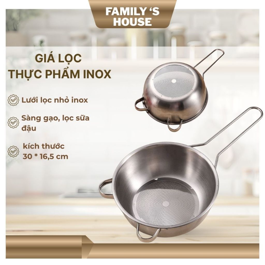 [family's house] Rây Lọc thực phẩm Inox 304, rây lọc gạo, lọc sữa, rây bột, tay cầm dài, chắc chắn