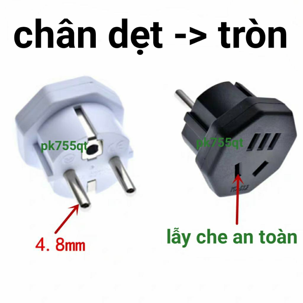 Phích Cắm Chuyển Đổi 3 chân chéo, 2 chấu CHÉO hoặc 2 CHÂN THẲNG DẸT Sang 2 Chân Tròn Chuẩn VN, Phích
