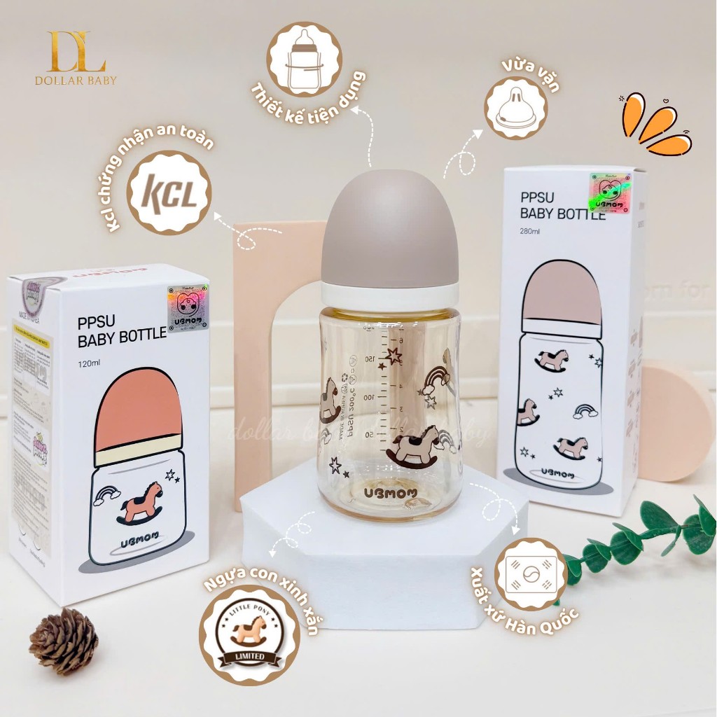 Bình Sữa PPSU UBMOM 120ml / 200ml / 280ml - Họa Tiết Dễ Thương – Chống Sặc, Giúp Bé Bú Tự Nhiên
