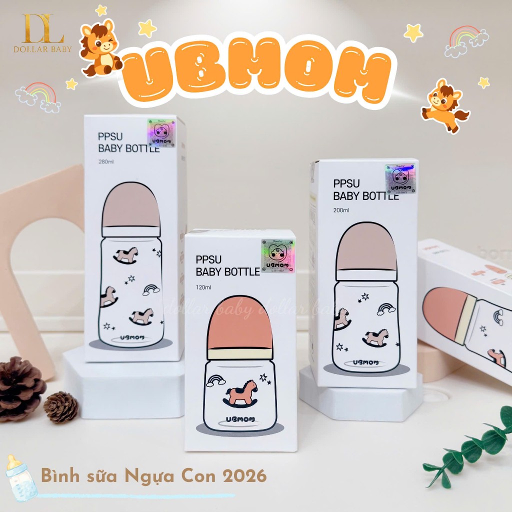 Bình Sữa PPSU UBMOM Họa Tiết Con Ngựa Dễ Thương 120ml/ 200ml / 280ml - Chống Sặc, An Toàn Cho Bé
