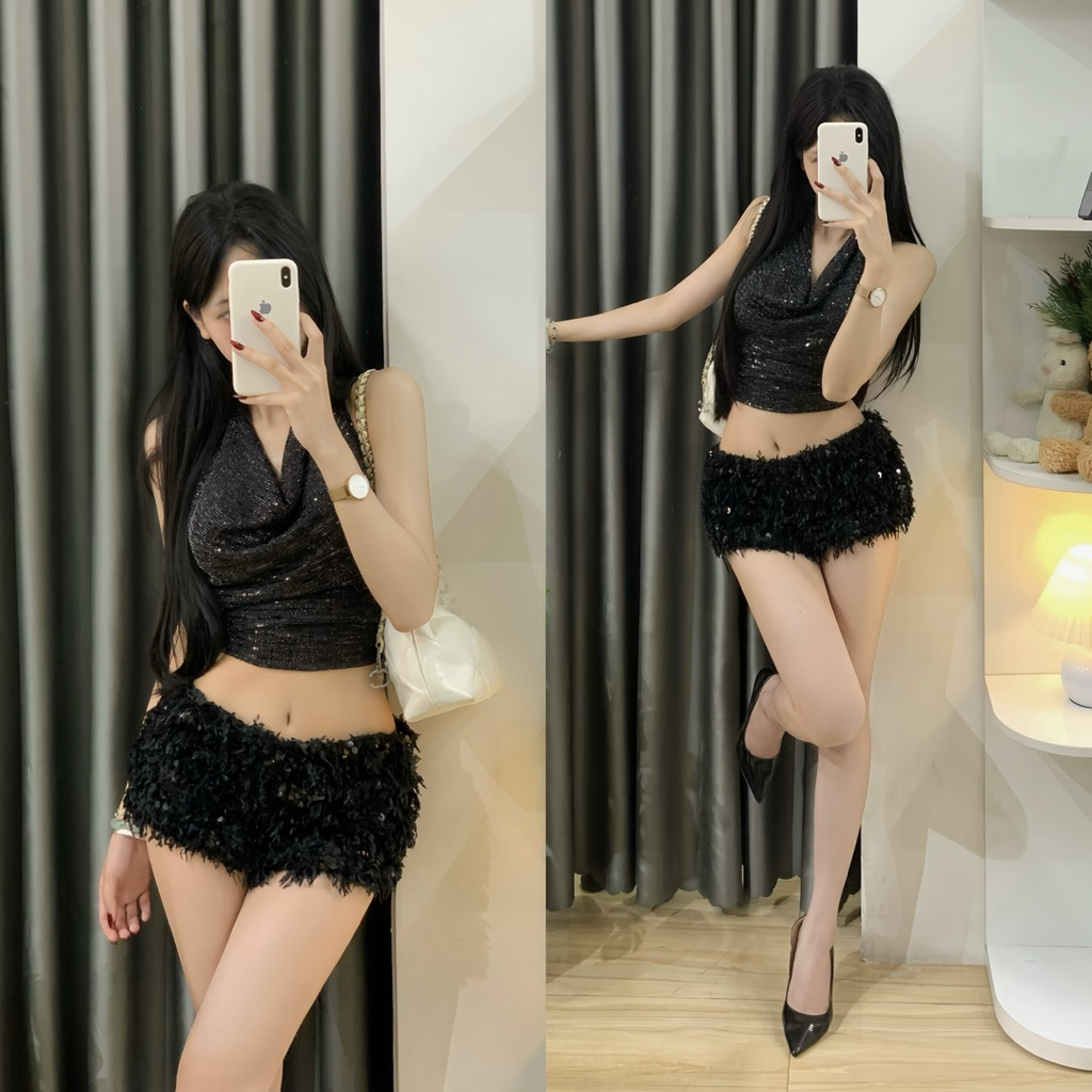 | Hta.boutique | Áo cổ đổ bling lấp lánh đính kim sa dáng ngắn croptop quyến rũ tôn dáng