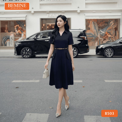 Đầm thiết kế BEMINE cổ sơ mi xẻ v có dây thắt lưng dáng chữ A phù hợp đi làm-B503