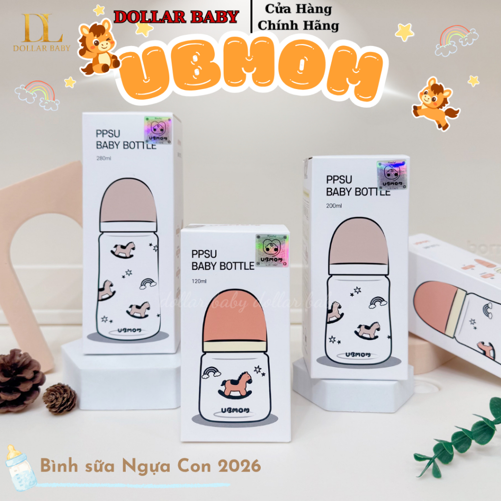 Bình PPSU UBMOM Họa Tiết Ngựa Con Dễ Thương 120ml/200ml /280ml - Chống Sặc, An Toàn Cho Bé