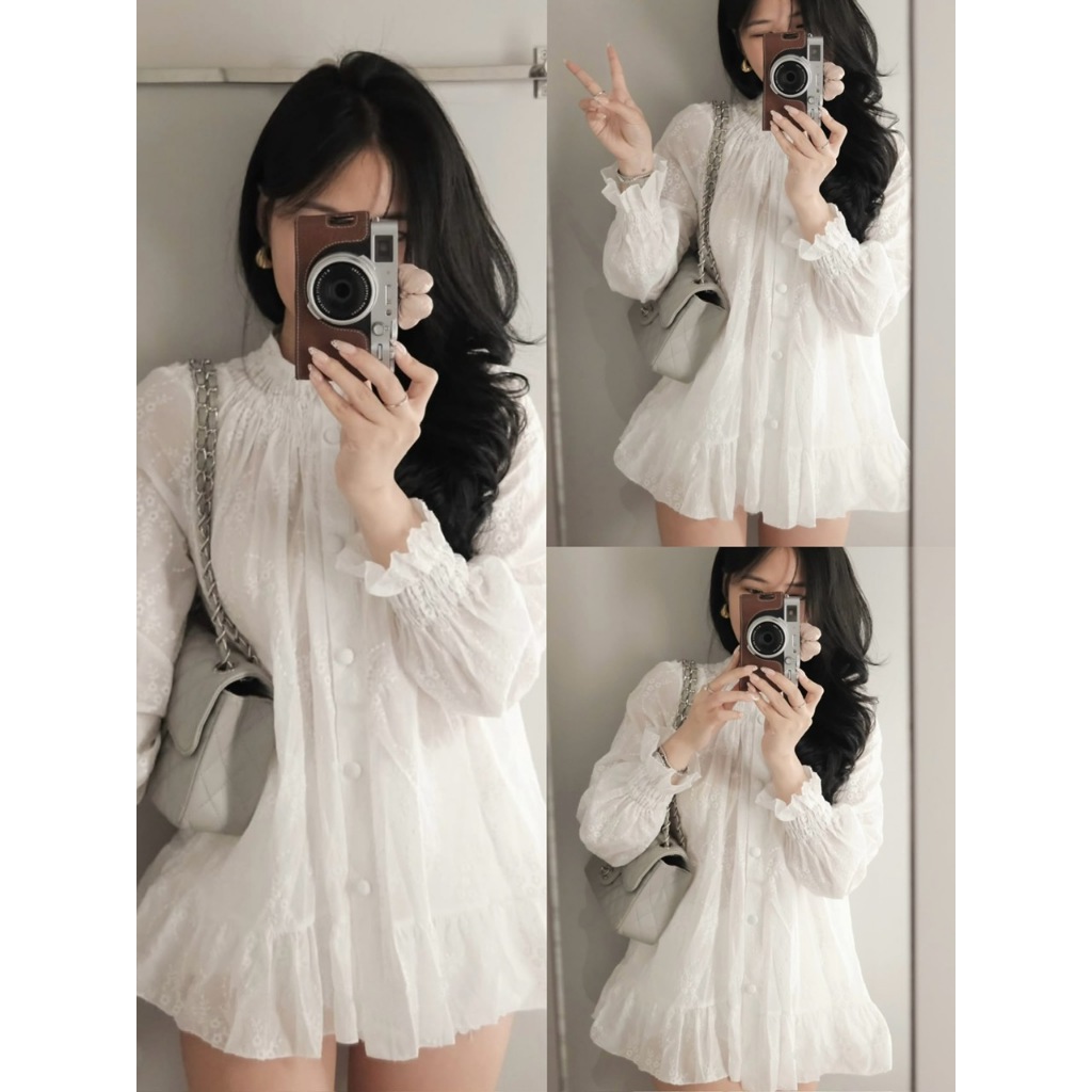 ÁO SƠ MI THÔ BOI CỔ CHUN CÚC BỌC TAY CHUN XÒE BỐNG ÁO BABYDOLL DÀI TAY THÔ HOA - DÀNH CHO NỮ