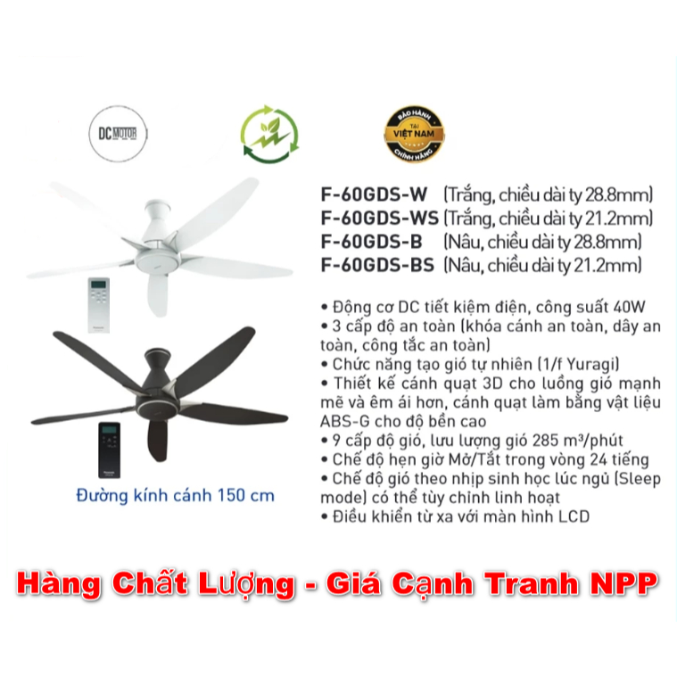 Quạt Trần Panasonic 5 Cánh Cao Cấp F60 GDS Có Điều Khiển, Màu Trắng Và Nâu, Có Bảo Hành Hãng Tại Nhà