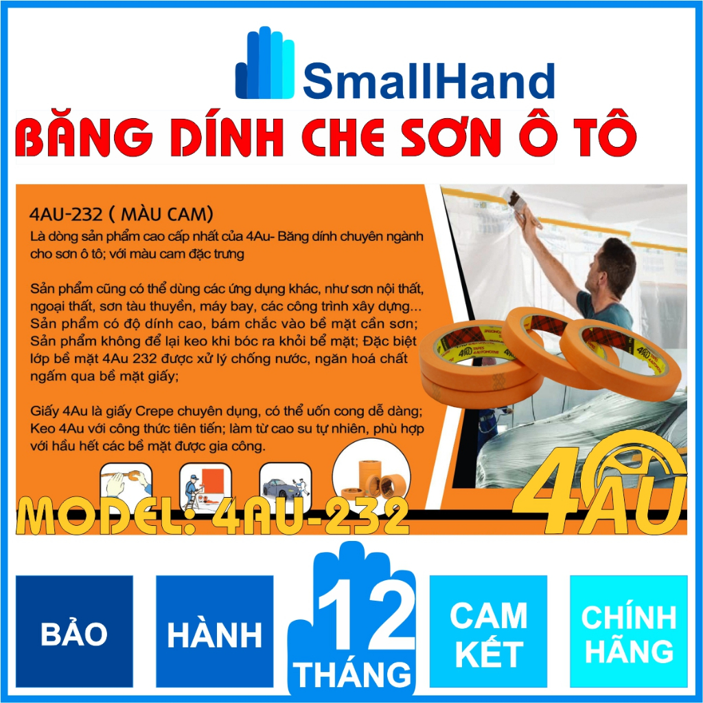 [01 cây] Băng keo giấy che sơn 4Au (màu cam) – Băng dính 4Au232 – Không để lại keo – Chịu nhiệt