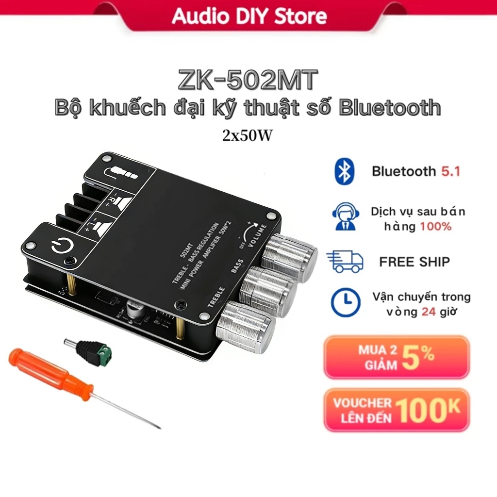 ZK-502MT/ZK-502T Bộ khuếch đại nhỏ bluetooth 5.0 Bộ khuếch đại loa siêu trầm Bộ khuếch đại 2x50W Bộ 